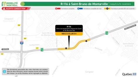 Carte montrant la fermeture pr&eacute;vue sur la route 116 &agrave; Saint-Bruno-de-Montarville pendant la fin de semaine de l'Action de gr&acirc;ce.