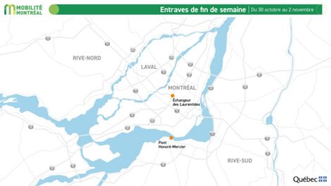 Carte montrant les fermetures de routes dans le Grand Montréal pendant la fin de semaine du 30 octobre au 2 novembre.