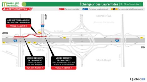Carte des entraves affectant l'&eacute;changeur des Laurentides pendant la fin de semaine du 23 au 26 octobre 2026.