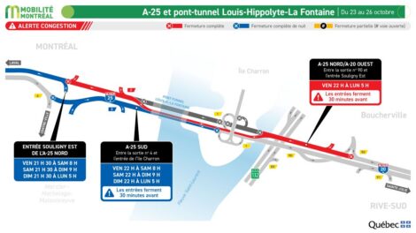 Carte des entraves affectant l'autoroute 25 et le tunnel Louis-Hippolyte-La Fontaine pendant la fin de semaine du 23 au 26 octobre 2026.