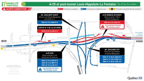 Carte des entraves affectant l'autoroute 25, le tunnel Louis-Hippolyte-La Fontaine et l'avenue Souligny pendant la fin de semaine du 23 au 26 octobre 2026.