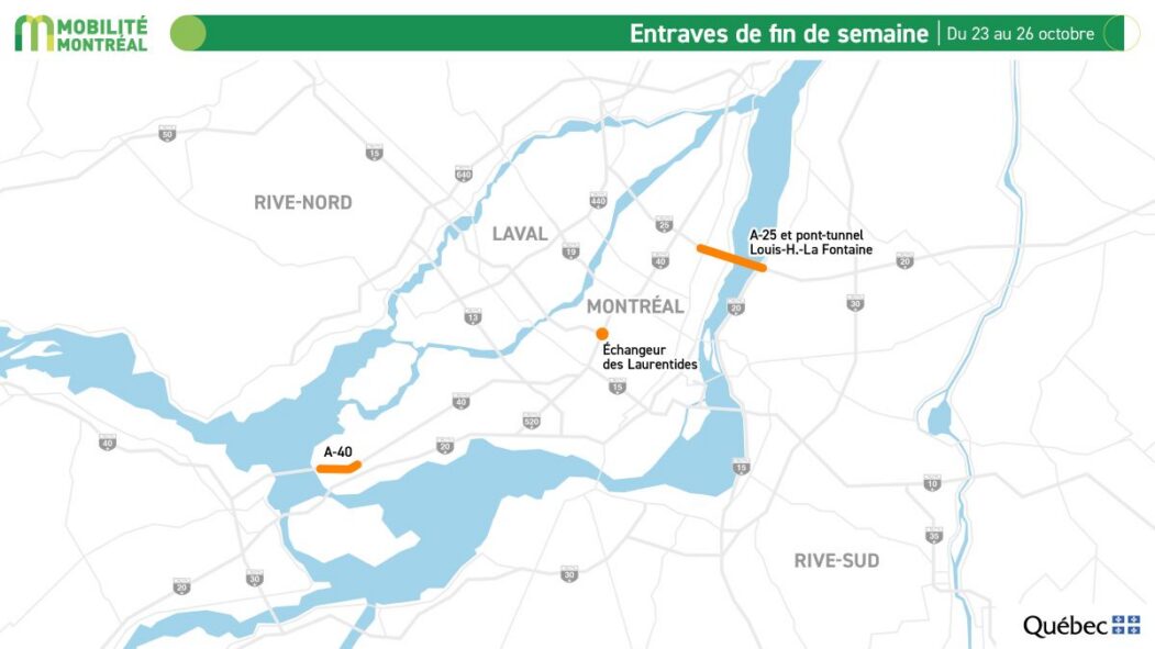 Carte des entraves sur le réseau autoroutier pendant la fin de semaine du 23 au 26 octobre 2026.