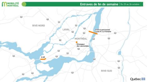 Carte des entraves sur le réseau autoroutier pendant la fin de semaine du 23 au 26 octobre 2026.