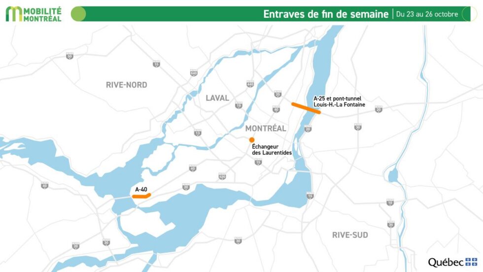 Carte des entraves sur le réseau autoroutier pendant la fin de semaine du 23 au 26 octobre 2026.