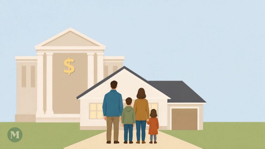 Image générée par l'intelligence artificielle montrant une famille devant une maison, avec une banque en arrière-plan.
