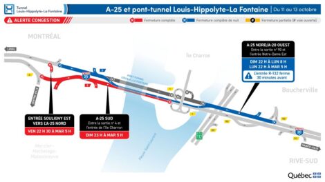 Carte des fermetures affectant le tunnel Louis-Hippolyte-La Fontaine pendant la fin de semaine de l'Action de grâce 2026.