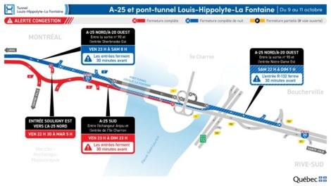 Carte des fermetures affectant le tunnel Louis-Hippolyte-La Fontaine pendant la fin de semaine de l'Action de grâce 2026.