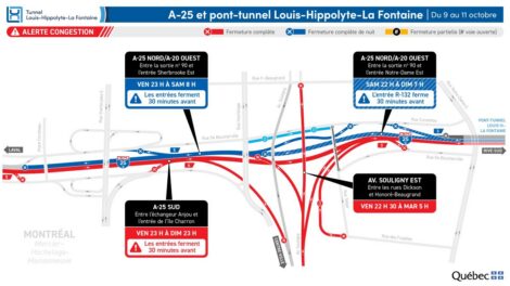 Carte des fermetures affectant le tunnel Louis-Hippolyte-La Fontaine pendant la fin de semaine de l'Action de grâce 2026.