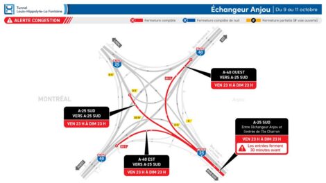 Carte des fermetures affectant le tunnel Louis-Hippolyte-La Fontaine pendant la fin de semaine de l'Action de grâce 2026.