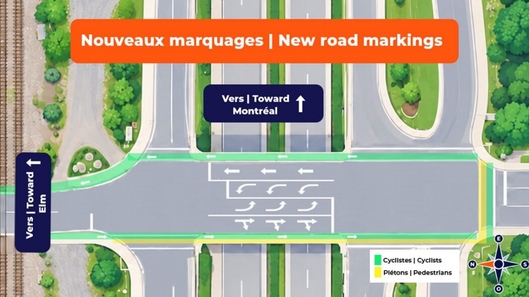 Carte montrant les voies reconfigurées à l'intersection de l'avenud Woodland et de l'autoroute 20, à Beaconsfield.